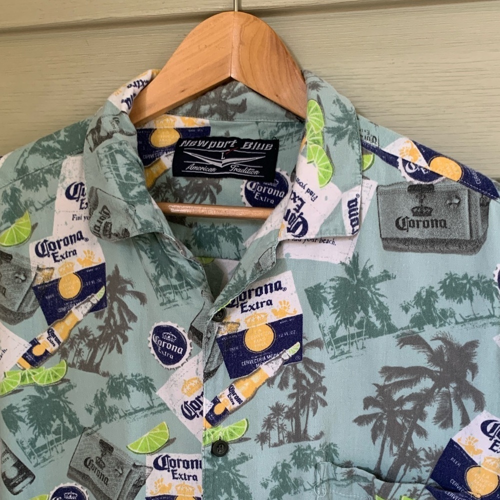 Newport Blue Corona Hawaiian tropical button down shirt beer vacation men’s sz L